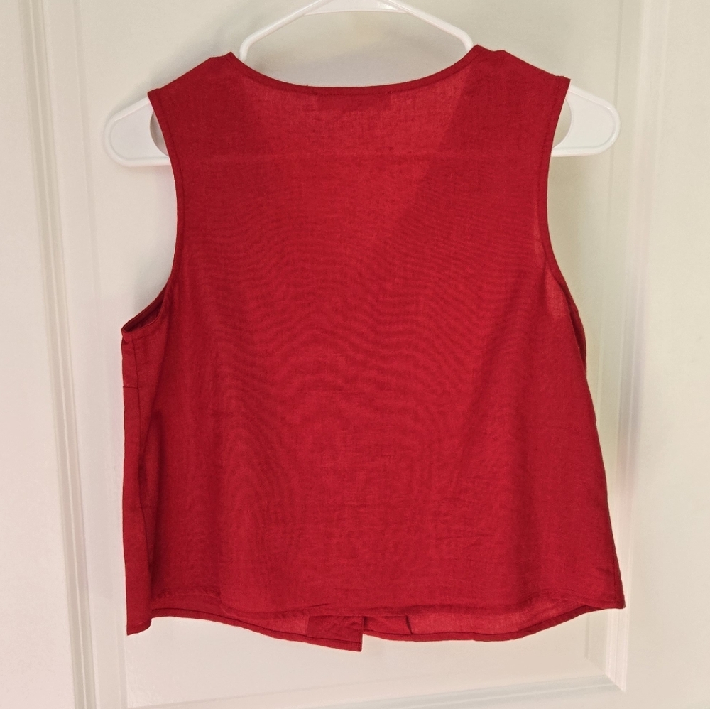 Mango Red Cropped Button-Front Sleeveless Cotton-Linen Vest Blouse Sz 4 - Picture 3 of 11